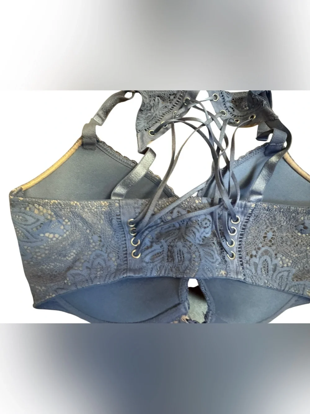 VICTORIA’S SECRET 34DD Very Sexy Push-Up Bra Front Close Strappy Back Blue Lace - Picture 10 of 17